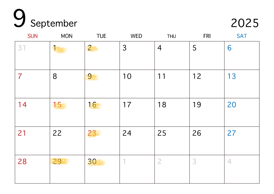 ■９月定休日のお知らせ　※営業時間変更のお知らせ